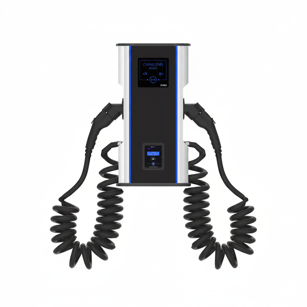 Electric vehicle charging station with coiled cables on a white background