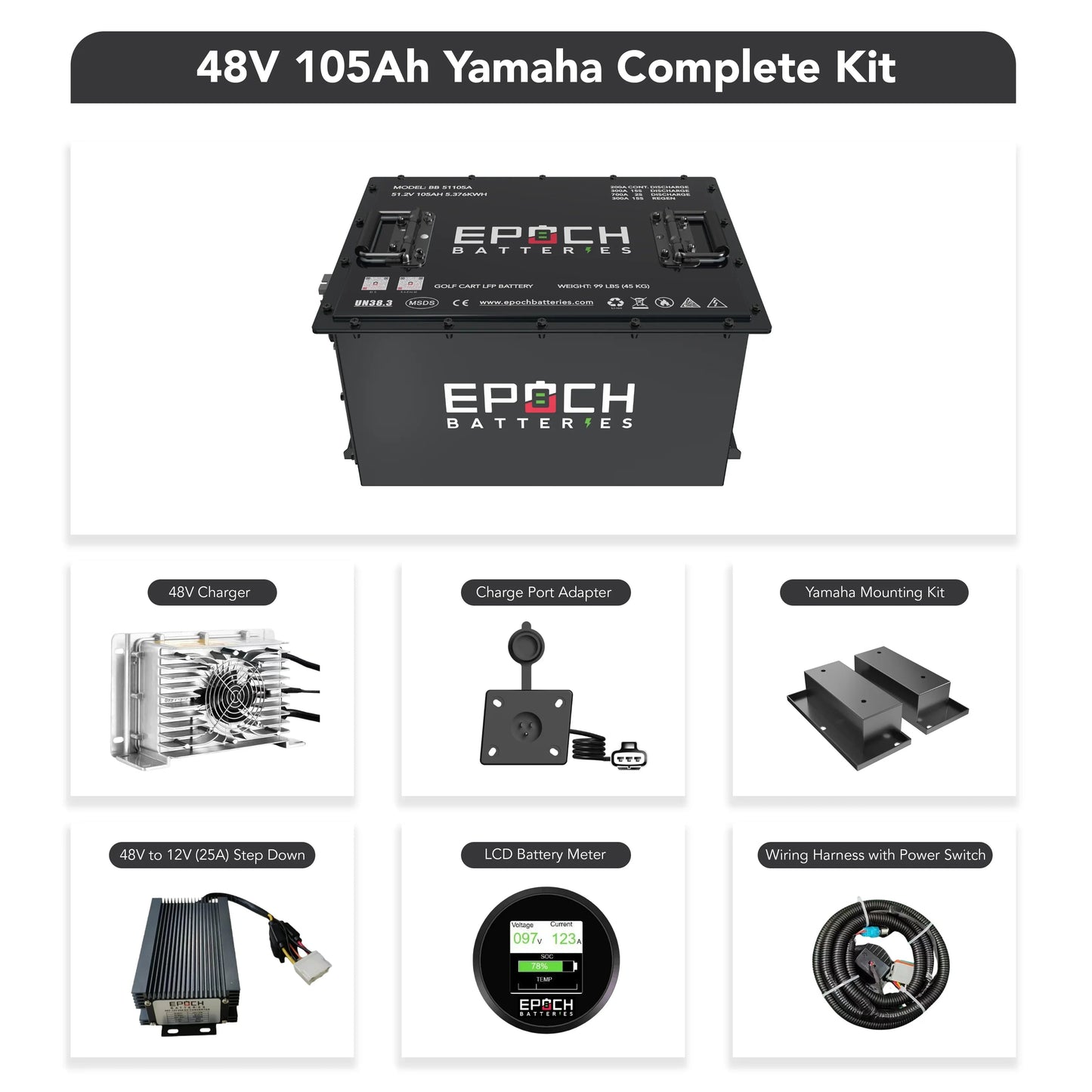 Epoch Batteries 48V 105Ah - LiMax Series - Lithium (LiFePO4) Golf Cart Battery - Complete Kit