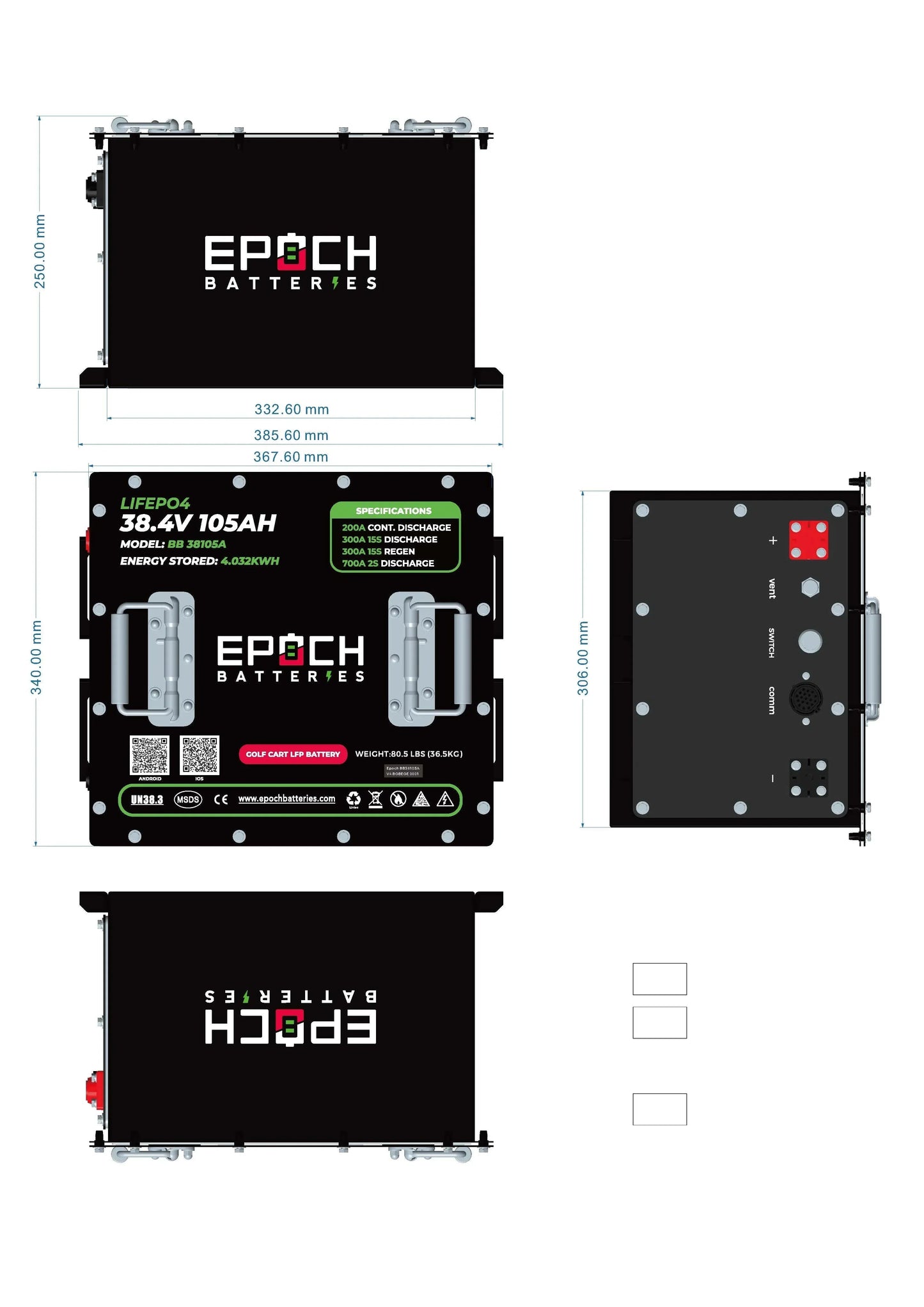 Epoch Batteries 36V 105Ah - LiMax Series - Lithium (LiFePO4) Golf Cart Battery - Complete Kit