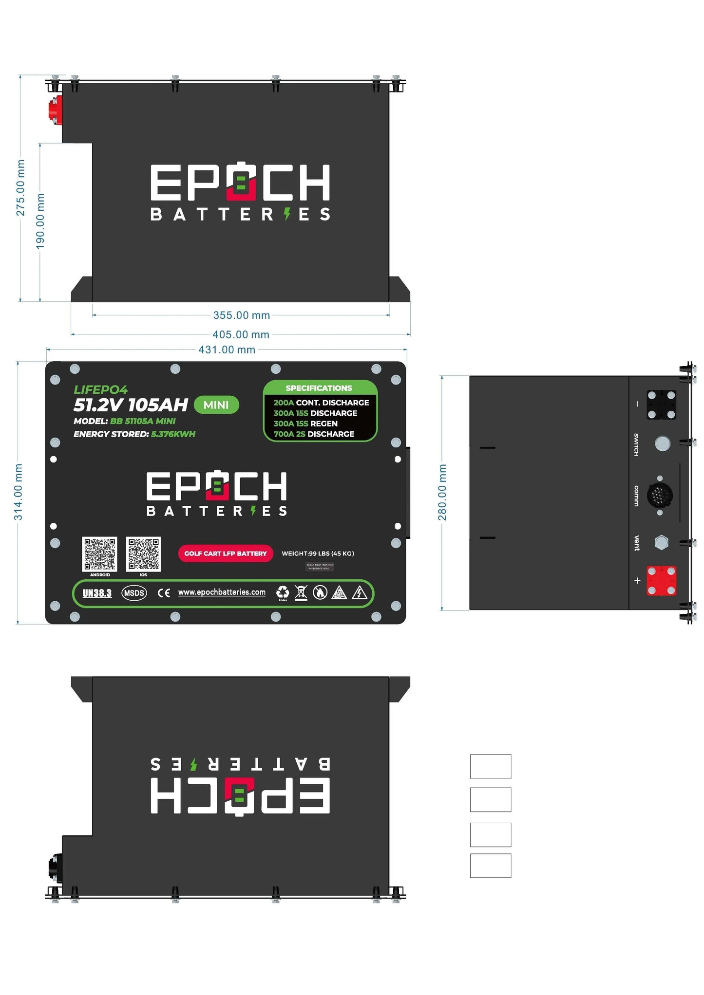 Epoch Batteries 48V 105Ah MINI - Lithium (LiFePO4) Golf Cart Battery - Complete Kit