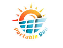 Portable Sun logo with sun above blue solar panels and curved multicolor text.