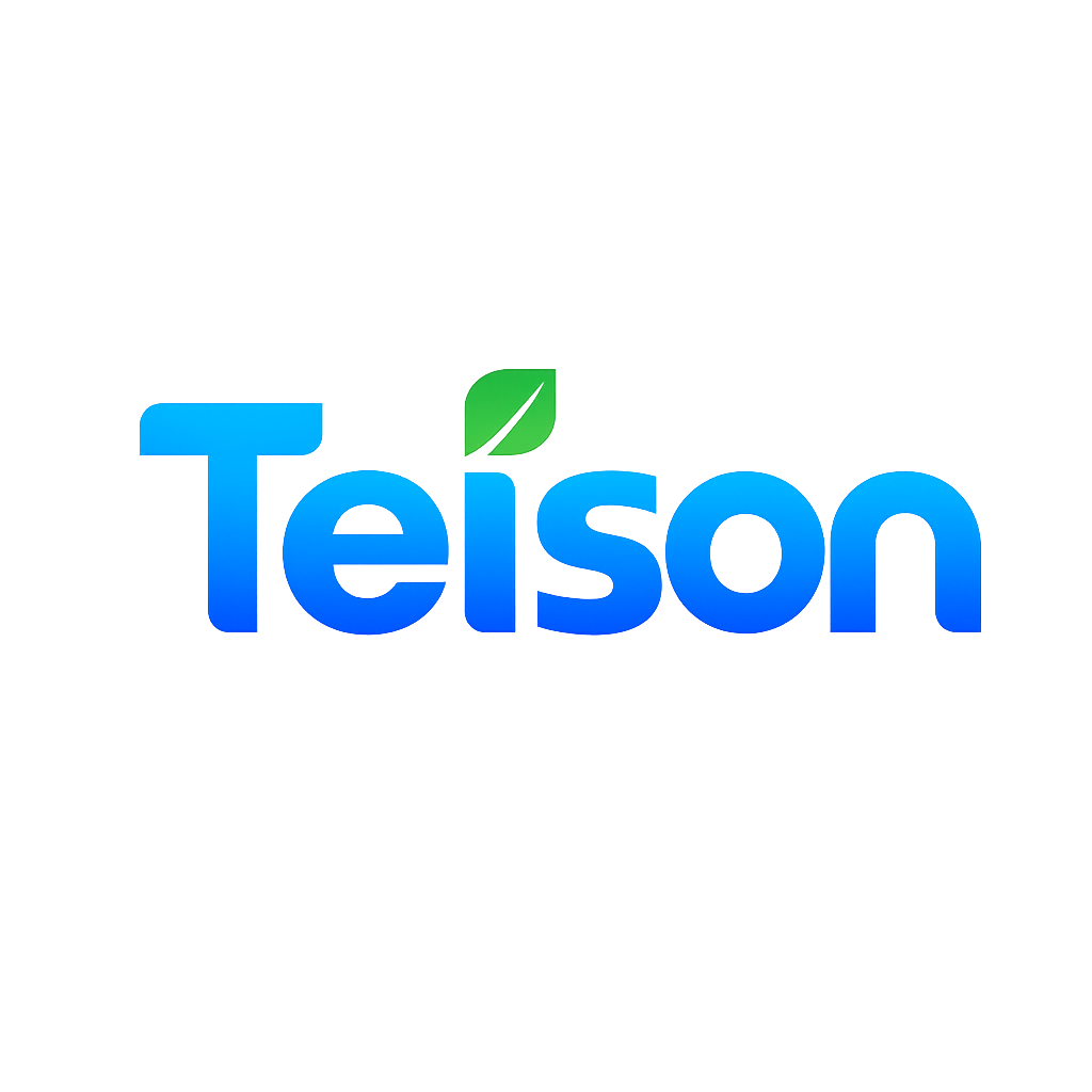Teison Energy logo glowing blue with a green leaf accent on dark background