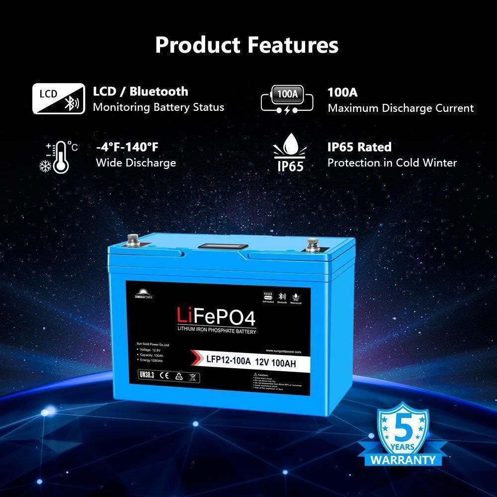 Sungold Power 12V 100AH LiFePO4 Deep Cycle Lithium Battery / Bluetooth /Self-heating / IP65