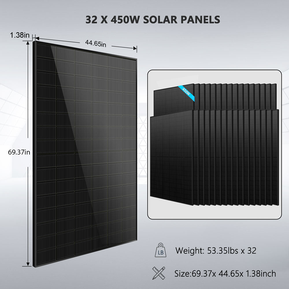 OFF GRID SOLAR KIT 20KW 48VDC 120V/240V LIFEPO4 30.72KWH-32.14KWH LITHIUM BATTERY 32 X 450 WATTS SOLAR PANELS SGR-20K30E