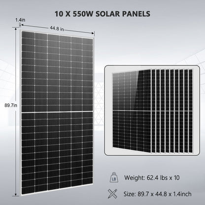 OFF GRID SOLAR KIT 10 X 550 WATTS SOLAR PANELS 4 X 5.12KWH LITHIUM BATTERY 10KW SOLAR INVERTER 48VDC 120V/240V SGM-10K20