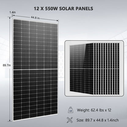OFF GRID SOLAR KIT 12 X 550 WATTS SOLAR PANELS 20.48KWH-32.14KWH LITHIUM BATTERY 10KW SOLAR INVERTER 48VDC 120V/240V SGR-10K25S