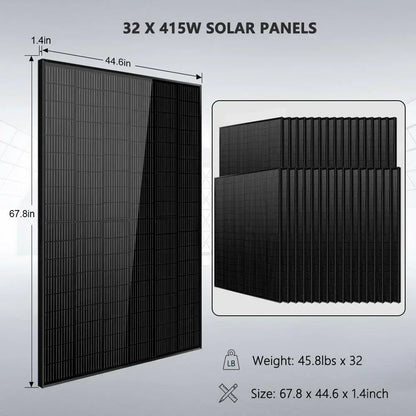 Off Grid Solar Kit 16KW 48VDC 120V/240V 25.6KWH LITHIUM BATTERY 32 X 415 Watts Solar Panels SGR-16K25E