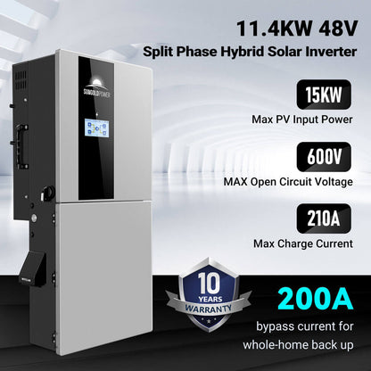 Hybrid Solar Kit 11.4KW 48V Split Phase 51.2 KWH Lithium Battery 36 X 450 Watt Solar Panel (Optional) SGH-11N5E