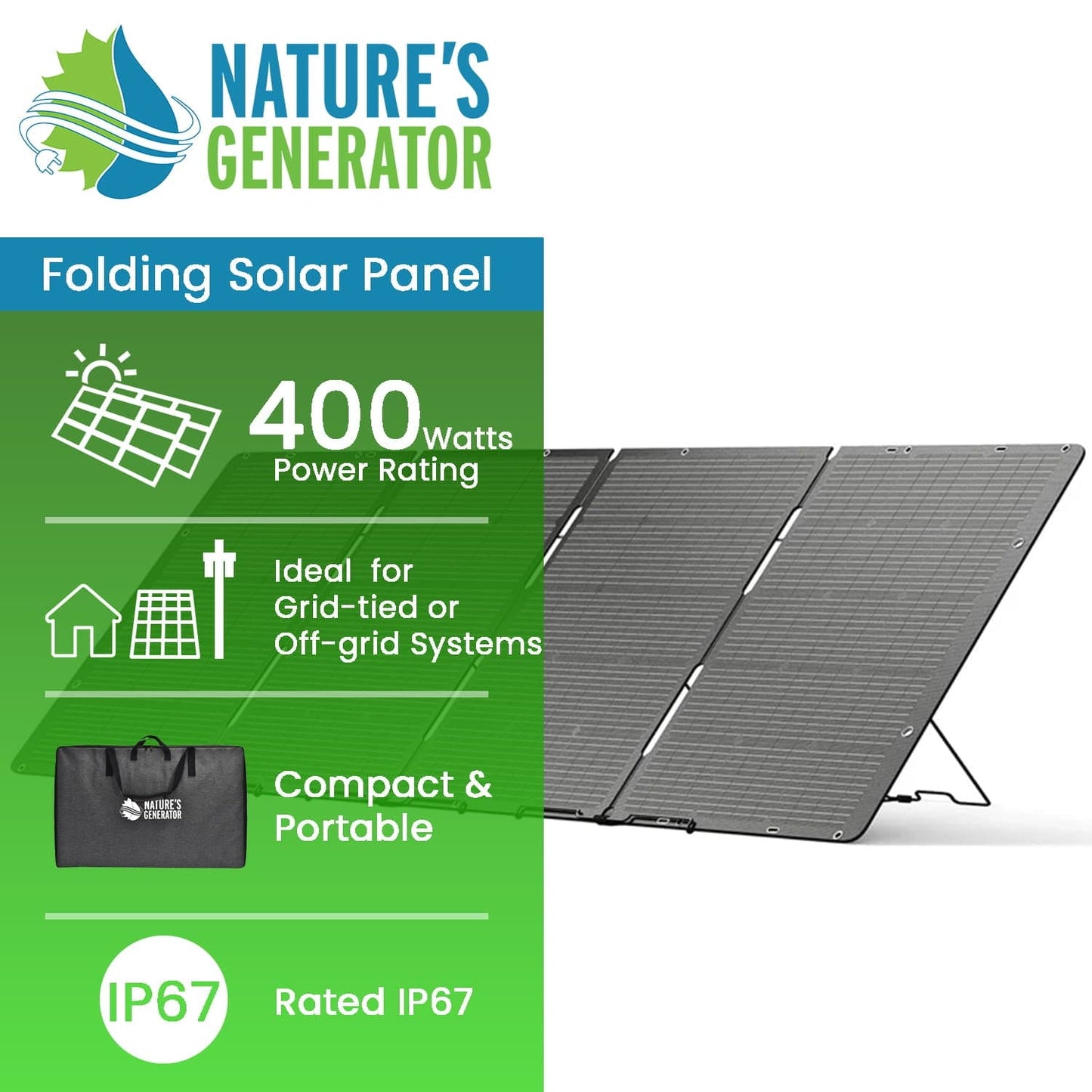 Nature's Generator 400W Folding Solar Panel For Portable Power Station Charging Kit
