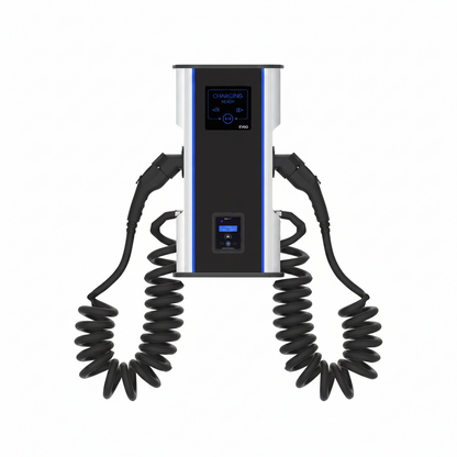 Electric vehicle charging station with coiled cables on a white background