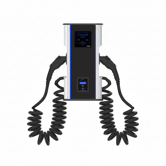 Electric vehicle charging station with coiled cables on a white background