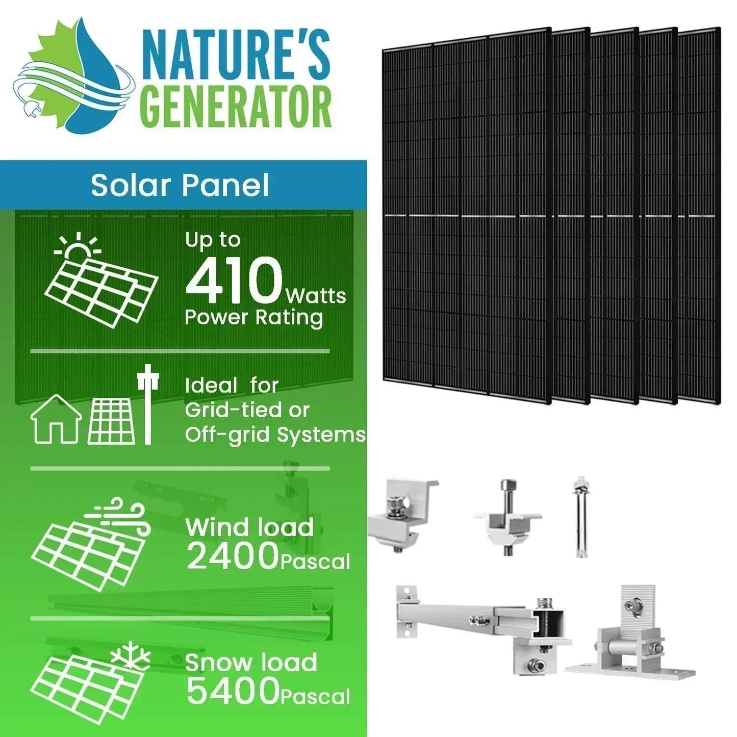 Nature's Generator 410 Watt Monocrystalline Solar Panel (10 Pack) With Solar Panel Mount Rack