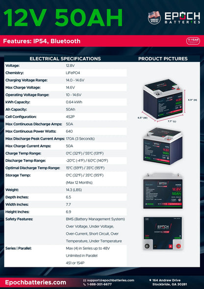 Epoch Batteries 12V 50Ah (0.64kWh) Essential Series - Bluetooth LiFePO4 Battery