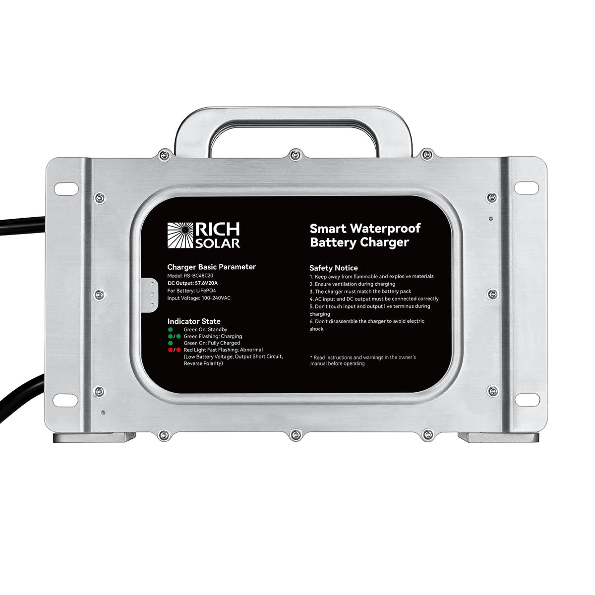 48V (57.6V) Waterproof LiFePO4 Charger | 20A / 25A,  100-240V AC, 8-in-1 Protection, Fan-Cooled