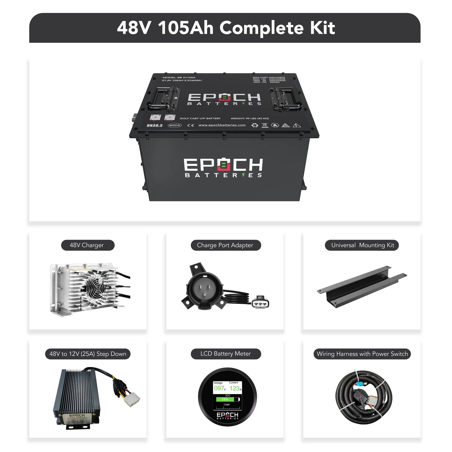 Epoch Batteries 48V 105Ah - LiMax Series - Lithium (LiFePO4) Golf Cart Battery - Complete Kit