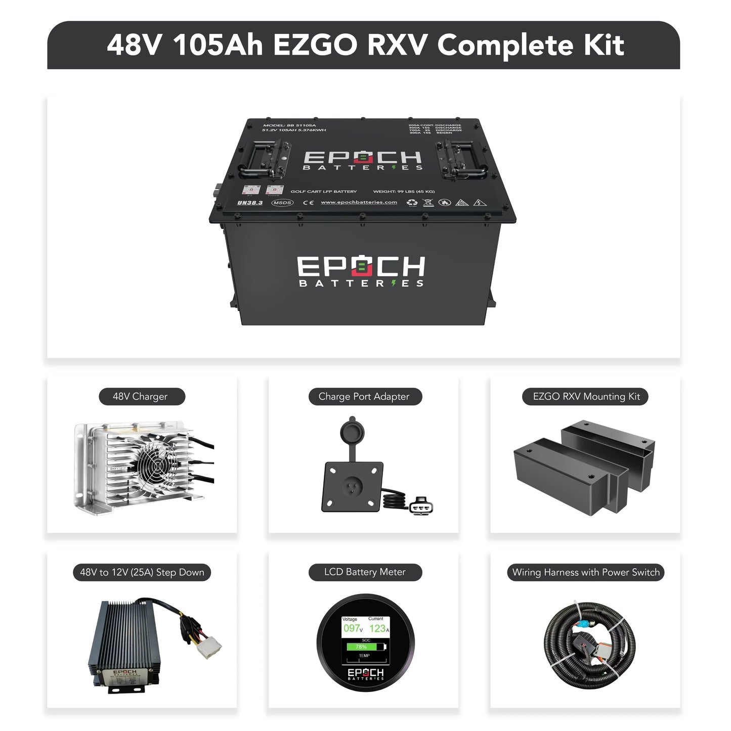 Epoch Batteries 48V 105Ah - LiMax Series - Lithium (LiFePO4) Golf Cart Battery - Complete Kit