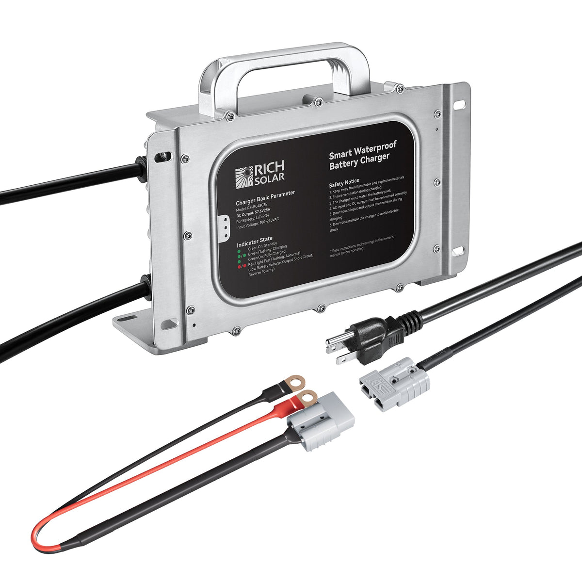 48V (57.6V) Waterproof LiFePO4 Charger | 20A / 25A,  100-240V AC, 8-in-1 Protection, Fan-Cooled