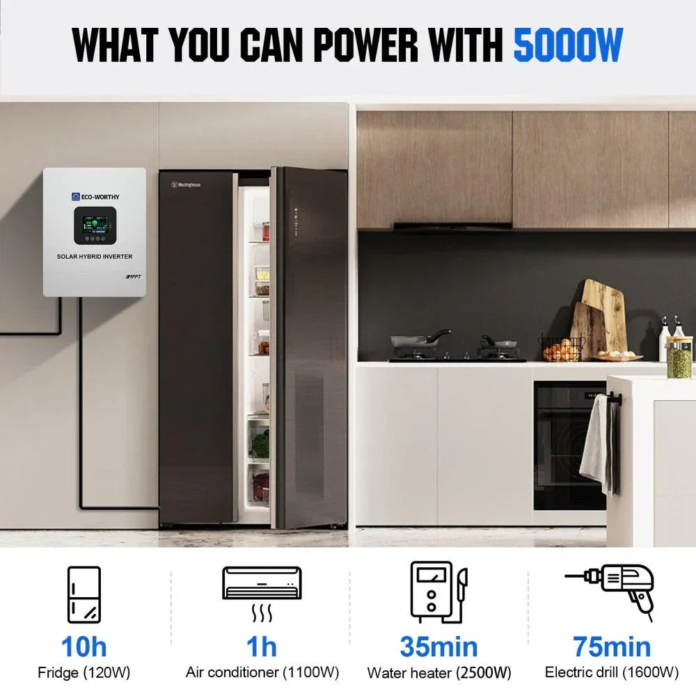 ECO-WORTHY 5000W Solar Off-Grid Inverter Charger – 48V DC to 120V AC Split-Phase | Pure Sine Wave | 10,000W Peak