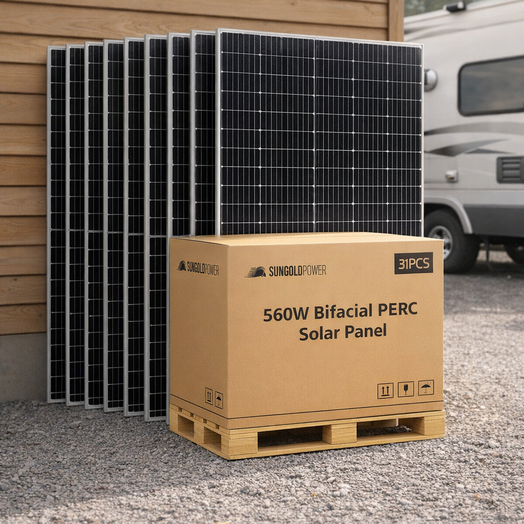 560W Bifacial PERC Solar Panel  | SGP-560-SBD (31 PANELS) UL61730 - SunGoldPower lifestyle hero | Ampere Authority