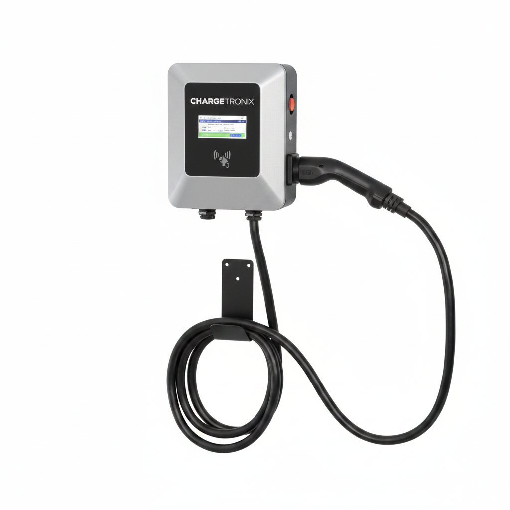 Electric vehicle charging station with cable on a white background