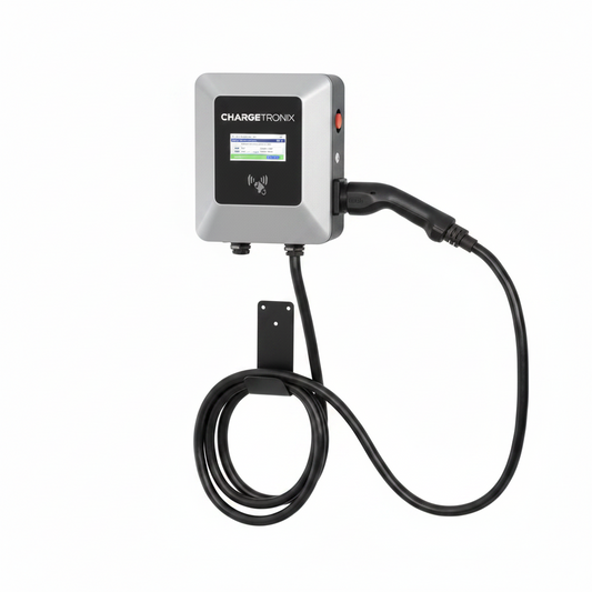 Electric vehicle charging station with cable on a white background