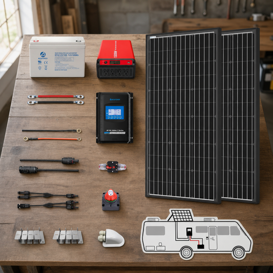 ACOPOWER Deep Cycle GEL Battery Mono Solar Power Complete System with Battery and Inverter for RV Boat 12V Off Grid Kit lifestyle hero image