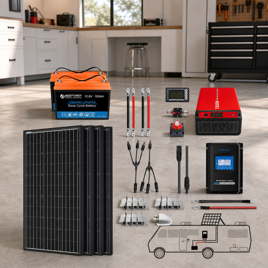 ACOPOWER Lithium Battery Mono Solar Power Complete System with Battery and Inverter for RV Boat 12V Off Grid Kit lifestyle hero image