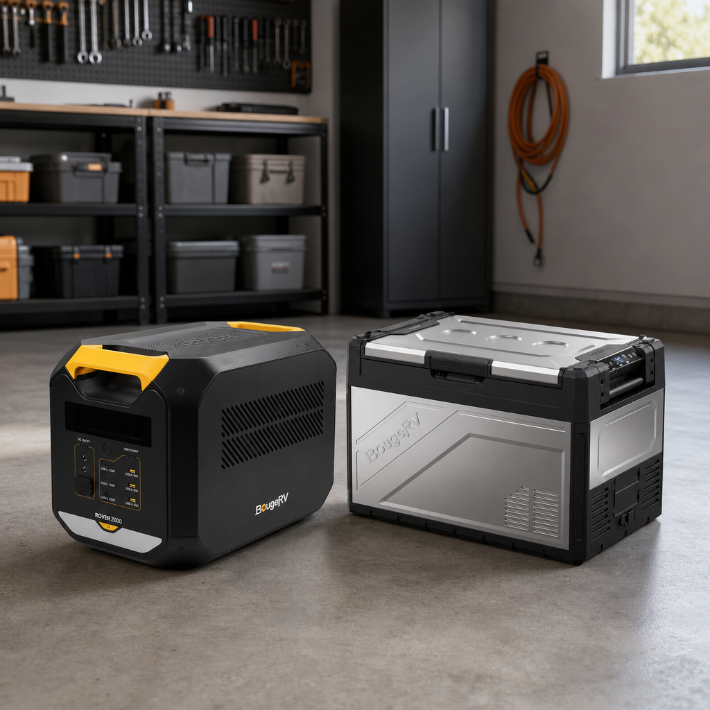 BougeRV ROVER2000 Semi-Solid Portable Power Station with ROCKY Metal Fridge lifestyle hero image