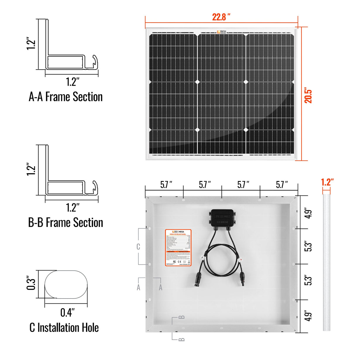 MEGA 50 | 50 Watt Solar Panel | Compact 12V Off-Grid Solar Panel for Boats, Vans, Trailers | 25-Year Output Warranty | UL Certified