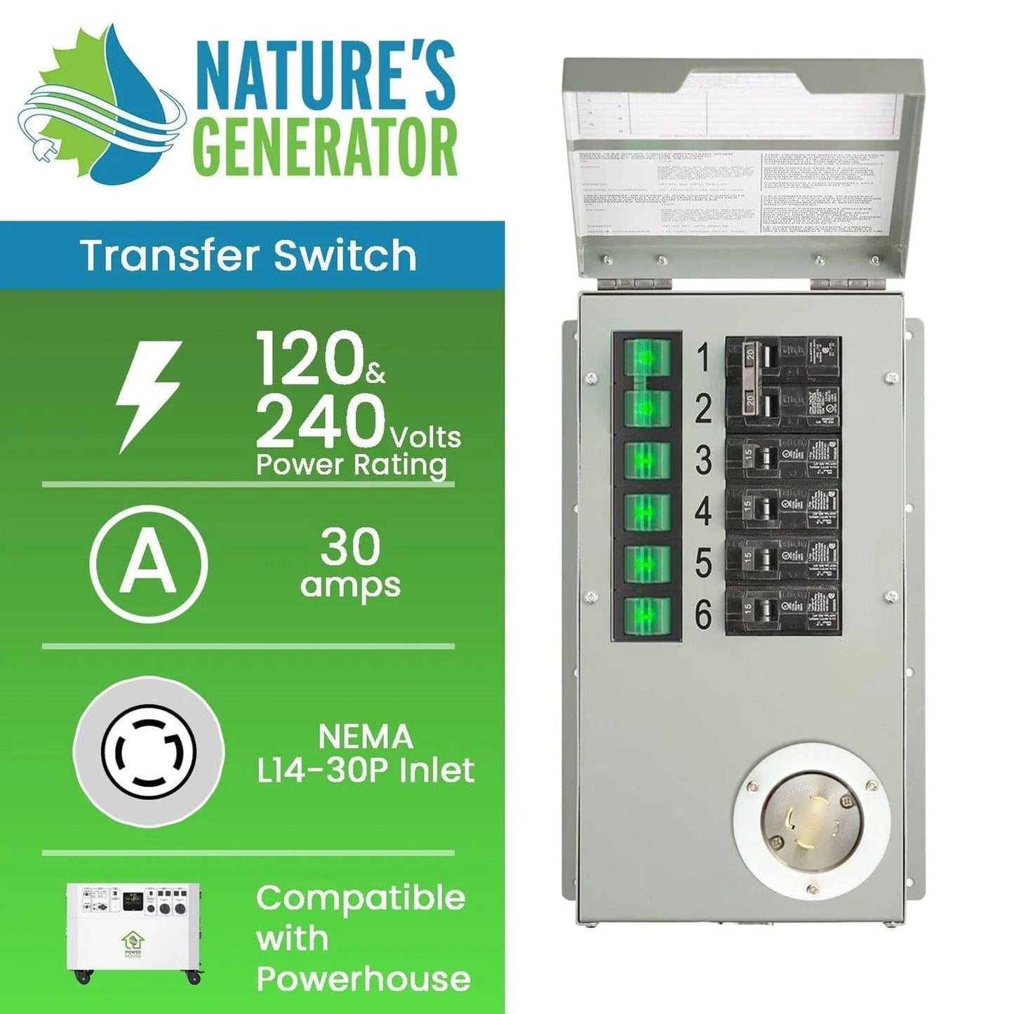 Nature's Generator Refurbished 120V/240V Manual Transfer Switch 30A 6-Circuit for Home Power