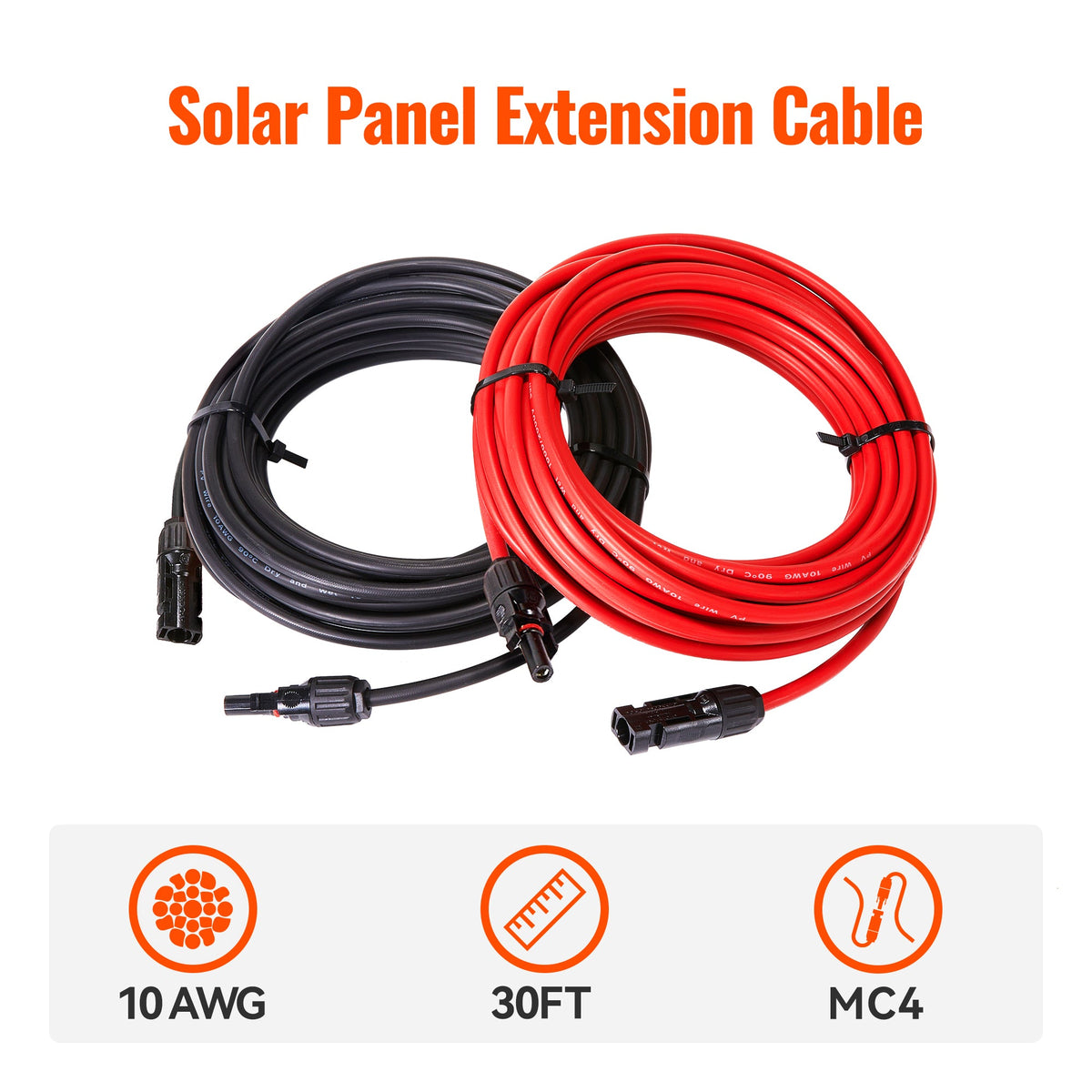 10 Gauge Solar Panel Extension Cable with Male and Female Solar Connector Ends