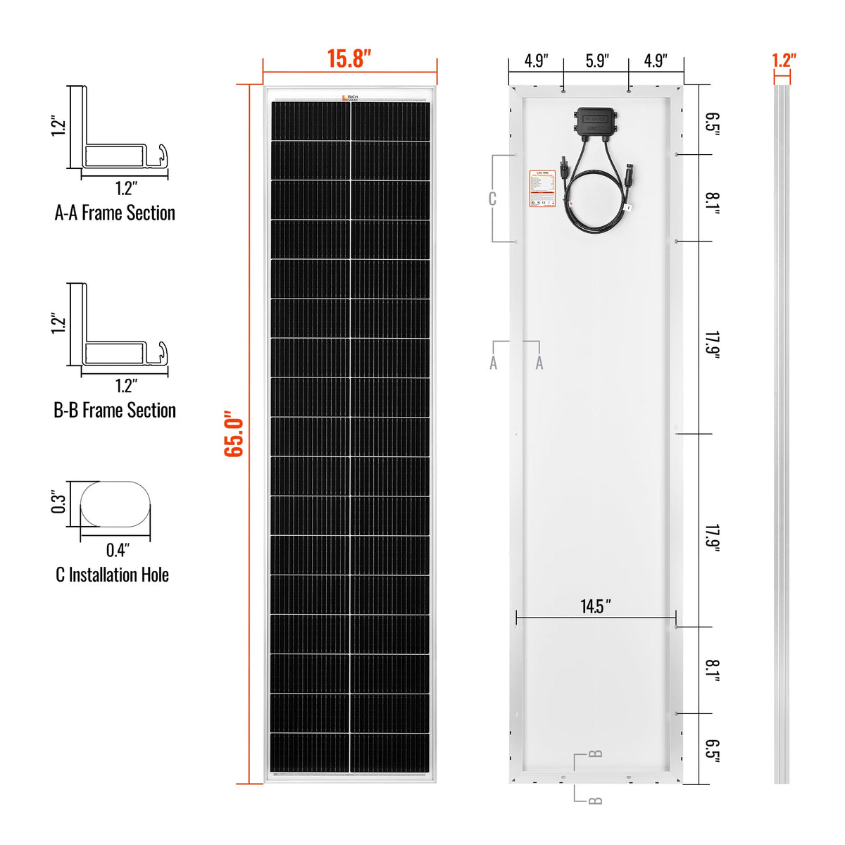 MEGA 130 SLIM | 130 Watt Slim Solar Panel | Compact 12V Narrow Panel for Vans, Campers, Boats  | UL Certified