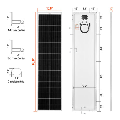 MEGA 130 SLIM | 130 Watt Slim Solar Panel | Compact 12V Narrow Panel for Vans, Campers, Boats  | UL Certified