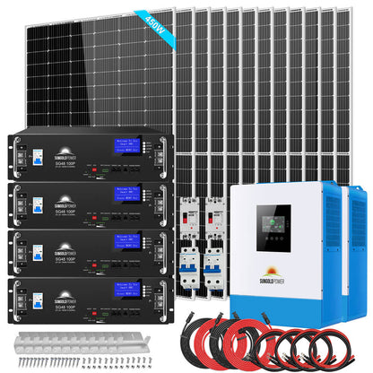 Off Grid Solar Kit 10000W 48VDC 120V/240V LifePO4 20.48KWH Lithium Battery 12 X 450 Watts Solar Panels SGR-10K2M