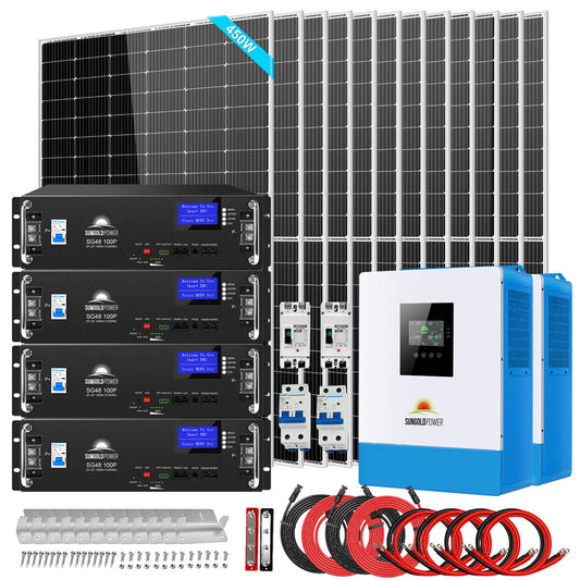 Off Grid Solar Kit 10000W 48VDC 120V/240V LifePO4 20.48KWH Lithium Battery 12 X 450 Watts Solar Panels SGR-10K2M
