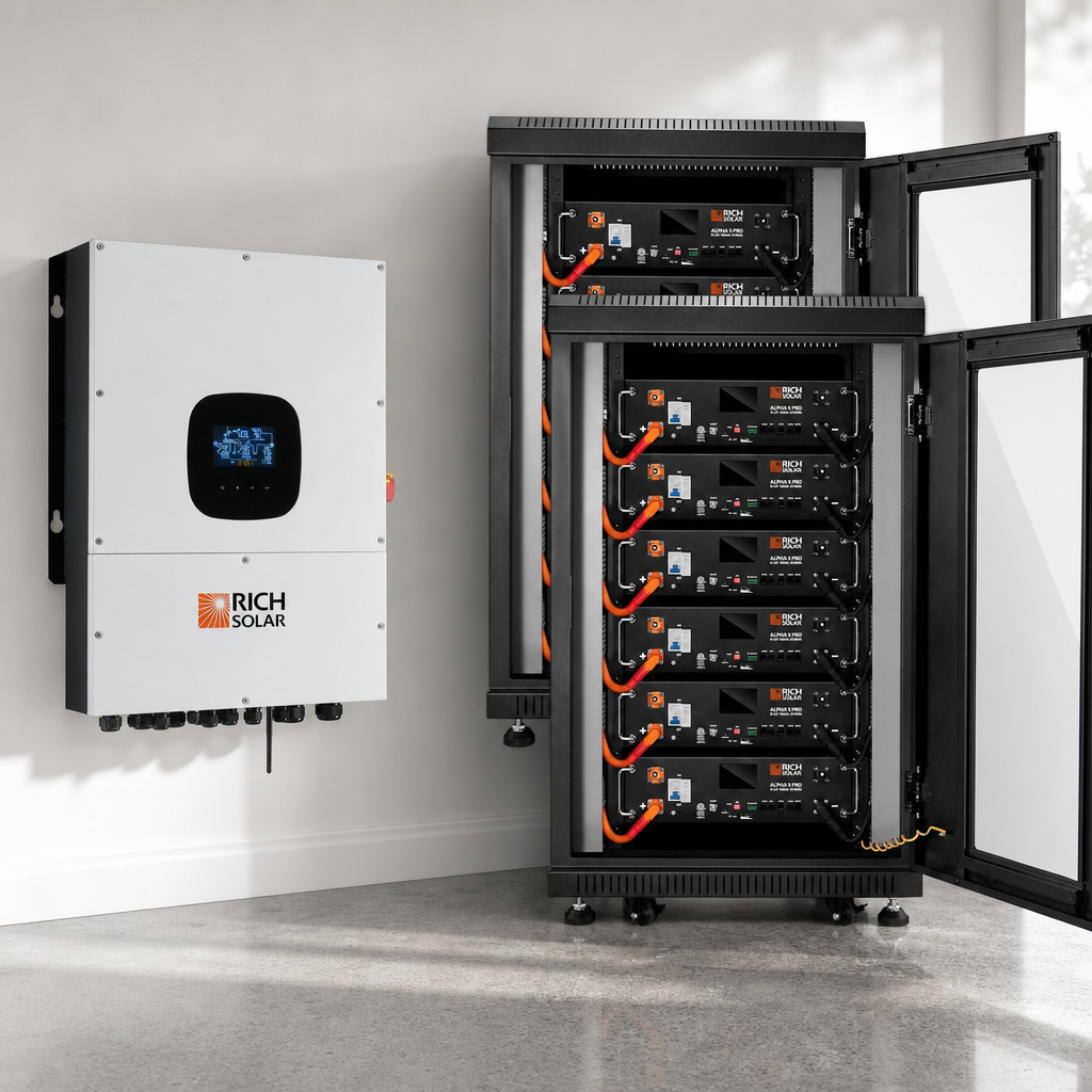 Rich Solar NOVA 12K PV Hybrid Inverter Solar Kit | 61.44kWH Server Lithium Battery [KIT-SR0002] lifestyle hero image