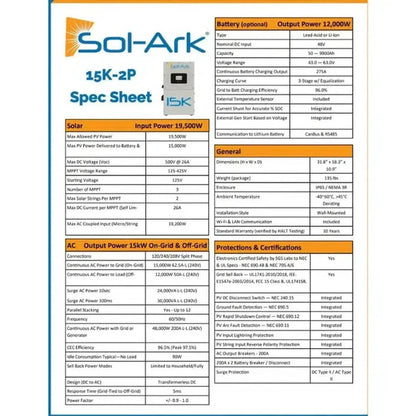 Sol-Ark 15K All-In-One Hybrid Solar Inverter | 120/240/208V 48V Pre-Wired | 10-Year Warranty