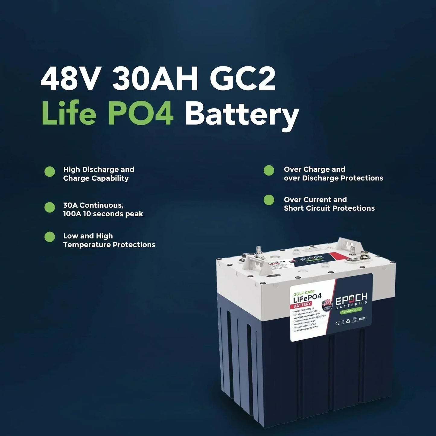 Epoch Batteries 48V 30Ah GC2 - Golf Cart LiFePO4 Lithium Battery