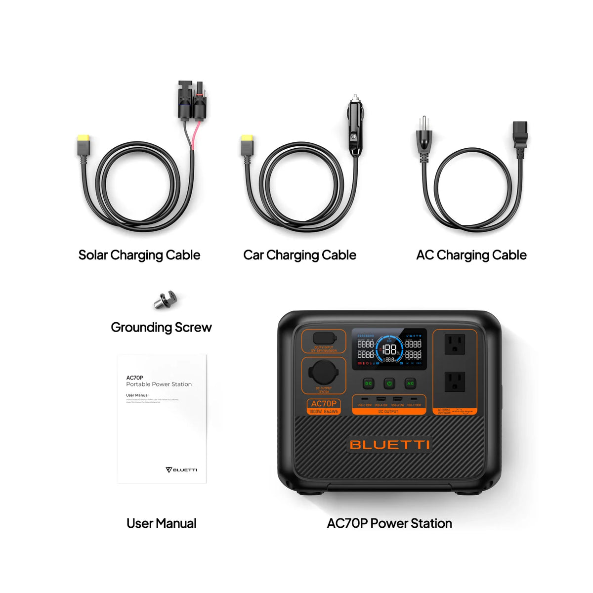BLUETTI AC70P packaging showing the included AC, car, and solar charging cables