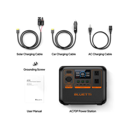BLUETTI AC70P packaging showing the included AC, car, and solar charging cables