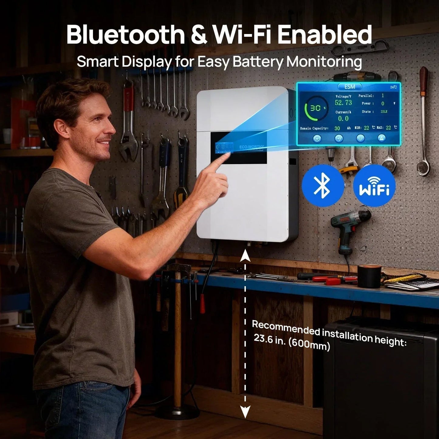 Eco-Worthy 48V 100AH Wall-Mount Lithium Battery LiFePO4 | -4℉ Charge Available | Bluetooth & WiFi | 10 Years Warranty