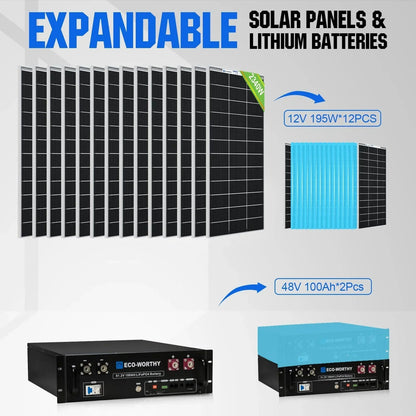 Eco-Worthy 2340W 48V (12×195W) Complete MPPT Off-Grid Solar Kit | 5kW Inverter + 48V 100Ah Rack Battery