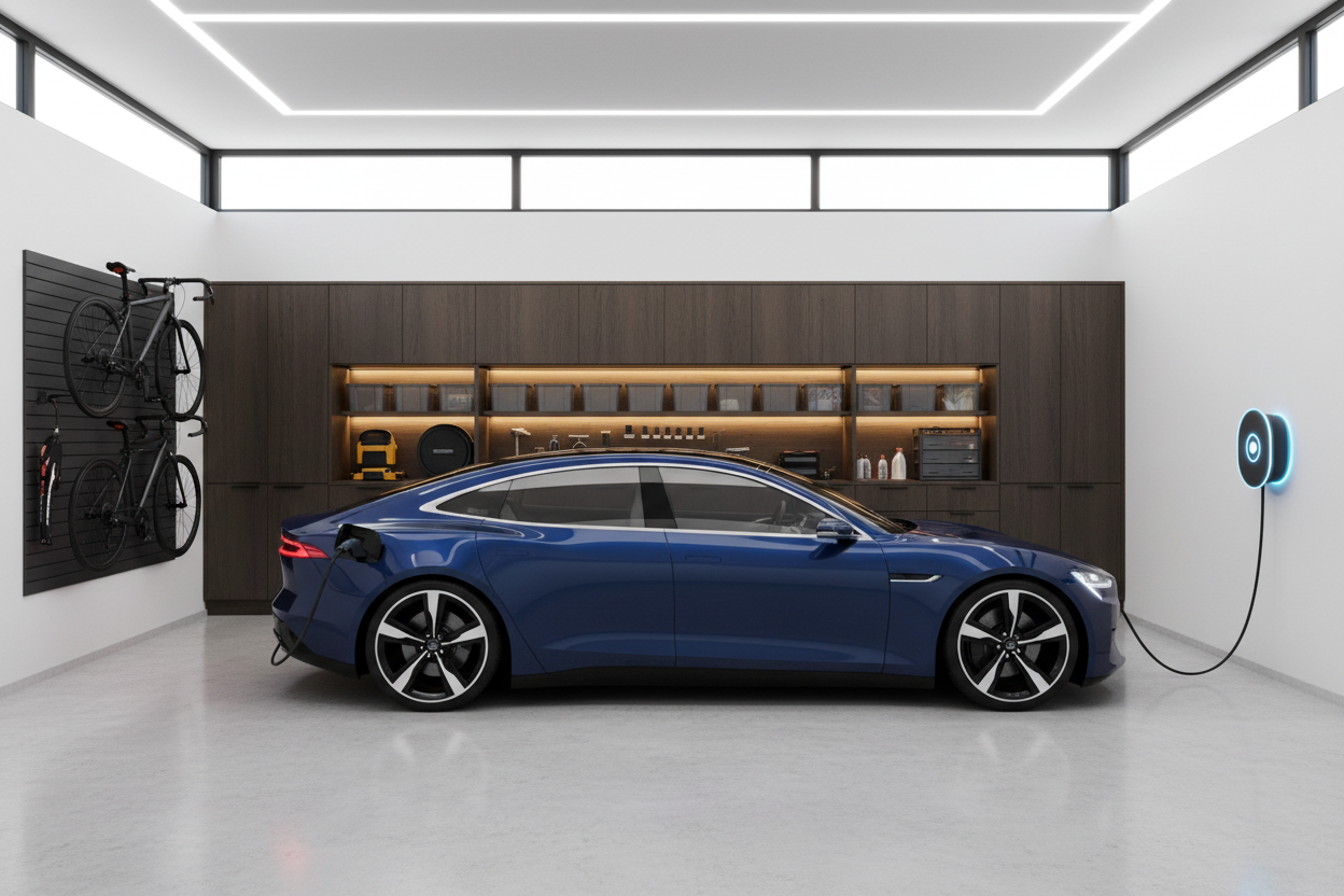 generate an image of a garage with a car connected to an EV Charger