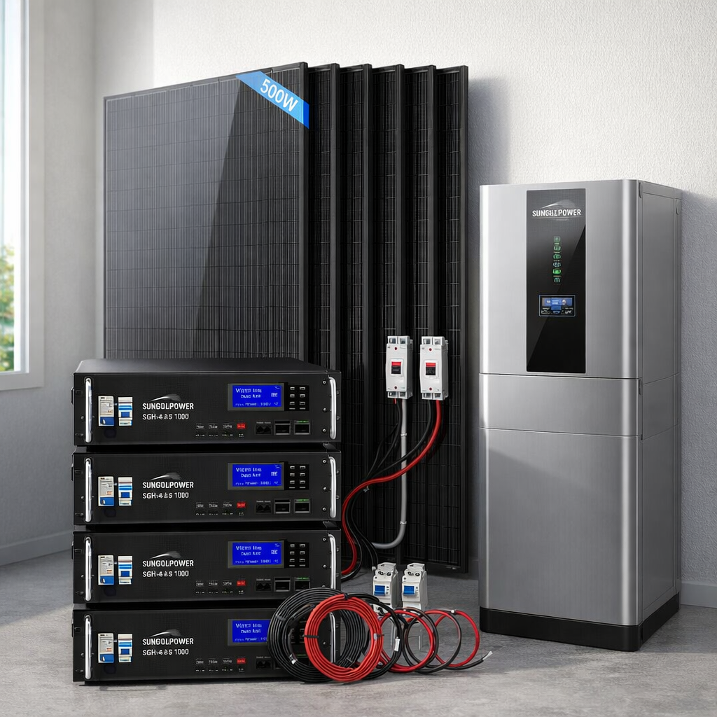 Hybrid Solar Kit 7.6KW 48V Split Phase 15.36KWH/30.72KWH Lithium Battery 415/ 500 Watt Solar Panel (Optional) SGH-7.6N3E/ SGH-7.6DN6E - SunGoldPower lifestyle hero | Ampere Authority
