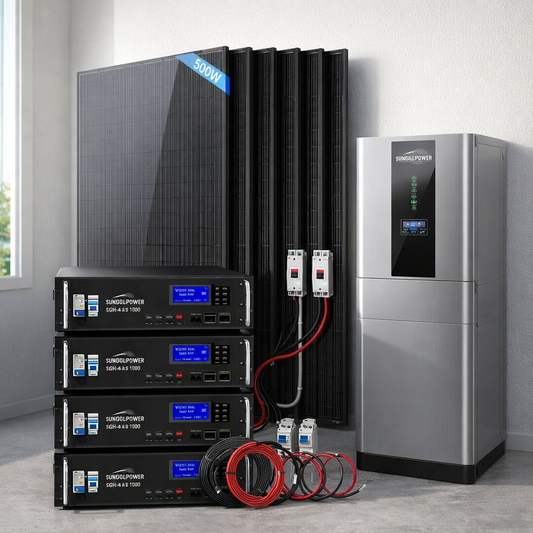 Hybrid Solar Kit 7.6KW 48V Split Phase 15.36KWH/30.72KWH Lithium Battery 415/ 500 Watt Solar Panel (Optional) SGH-7.6N3E/ SGH-7.6DN6E - SunGoldPower lifestyle hero | Ampere Authority