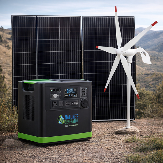 Nature's Generator Lithium 6000 Power System With Solar Panels And Wind Turbine For Home Renewable Energy Storage — lifestyle hero image