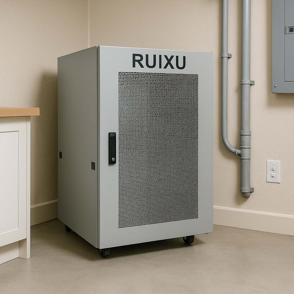 Ruixu 6 Slot Battery Cabinet Preassembled With Wheels And Busbar Included Lockable Front Door And Side Panels lifestyle hero image