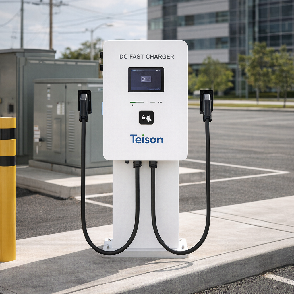 Teison DC Mini 40kW Dual Port Charger — photorealistic lifestyle hero image